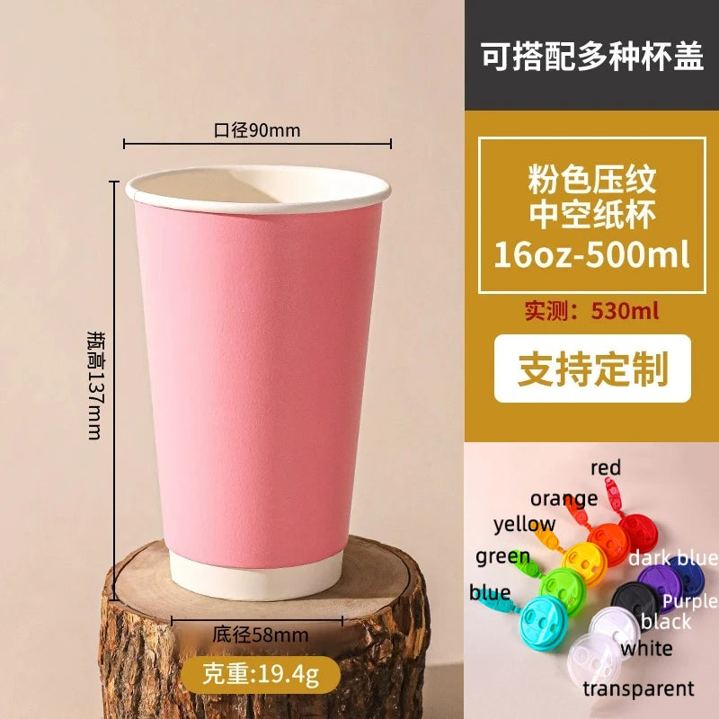 Disposable Milk Tea Coffee Hot Drink Paper Cup Pink Thickened Hollow Beverage Shop Takeaway Packaging Disposable Cups 100pcs