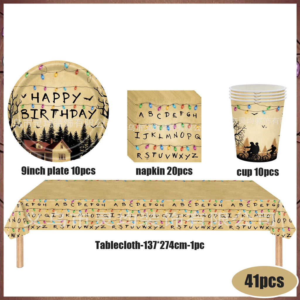 Stranger Theme Birthday Party Tableware Decoration American TV Paper Plate Napkin Banner Lights Alphabet Backdrops Kids Supplies