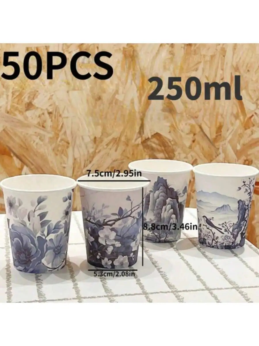 Blue and white porcelain style paper cups with different patterns, thickened office and household commercial beverage cups