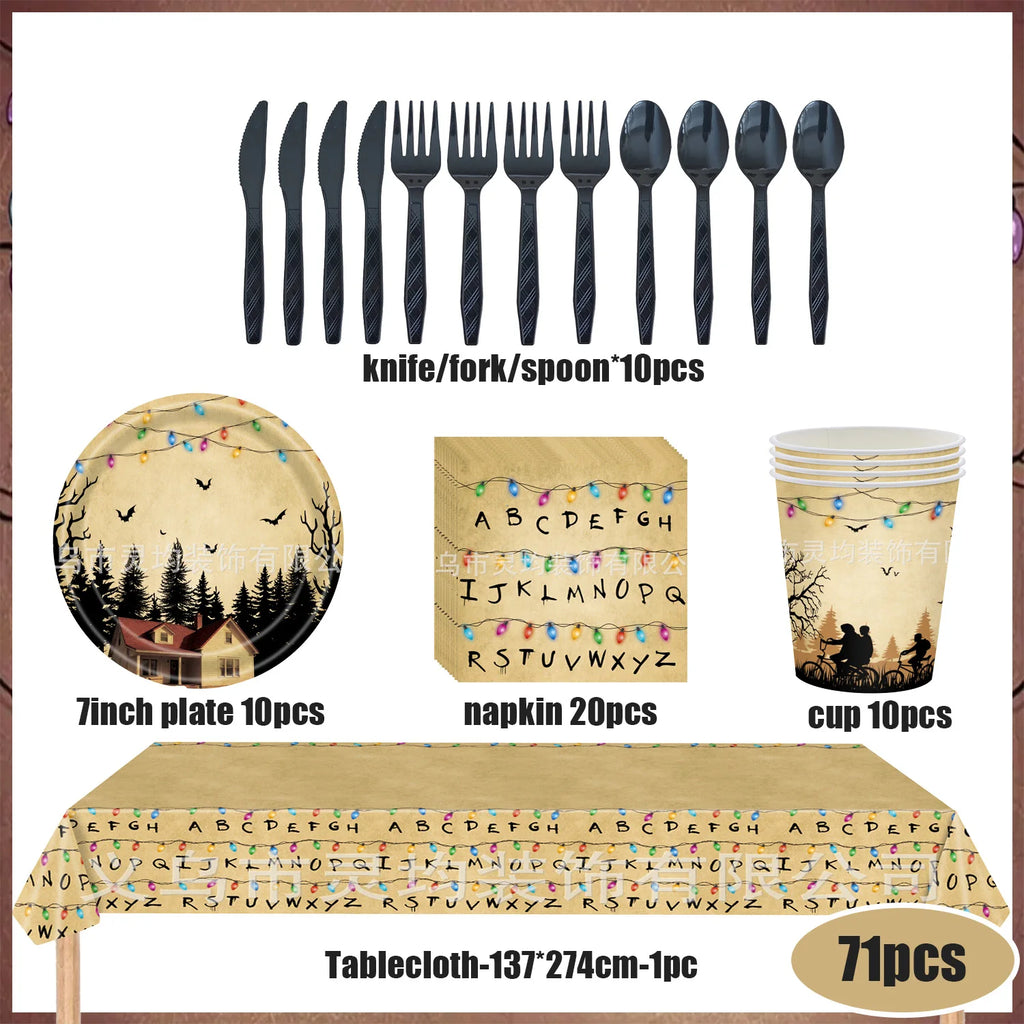 Stranger Theme Birthday Party Tableware Decoration American TV Paper Plate Napkin Banner Lights Alphabet Backdrops Kids Supplies