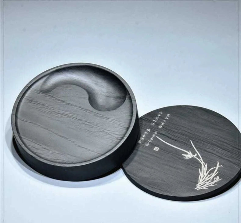 She Ink Slab With Lid Tai Chi Inkstone Water Grain Stone for Calligraphy Brush Writing Practice Painting Ink Grinding Stationery