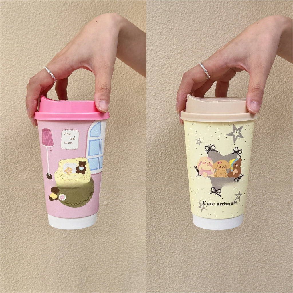 25pcs Pink Disposable Double-layer Thick Paper Cups Coffee Milk Tea Cartoon Printed Paper Cup Yellow Star Hot Drink Takeout Mug