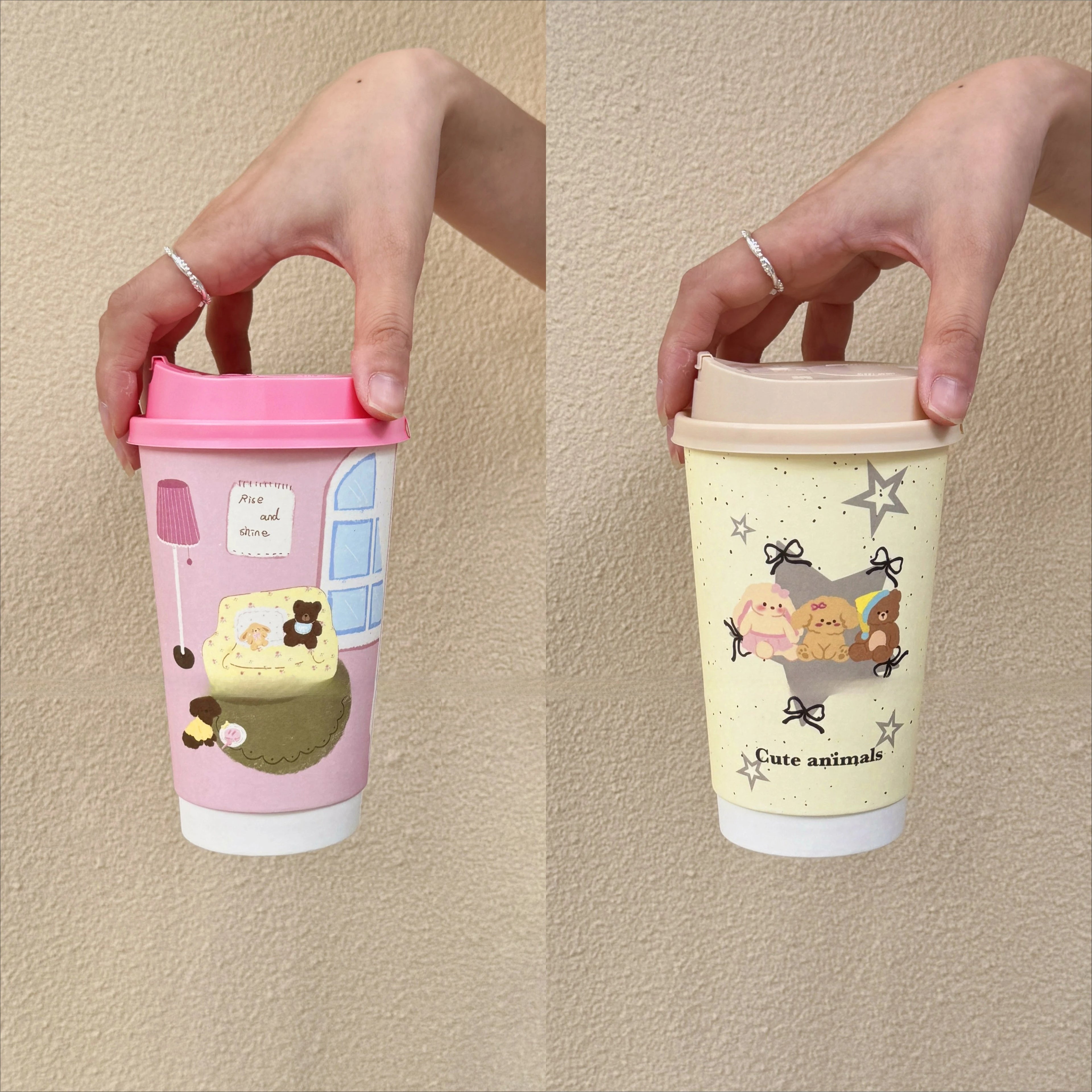25pcs Pink Disposable Double-layer Thick Paper Cups Coffee Milk Tea Cartoon Printed Paper Cup Yellow Star Hot Drink Takeout Mug