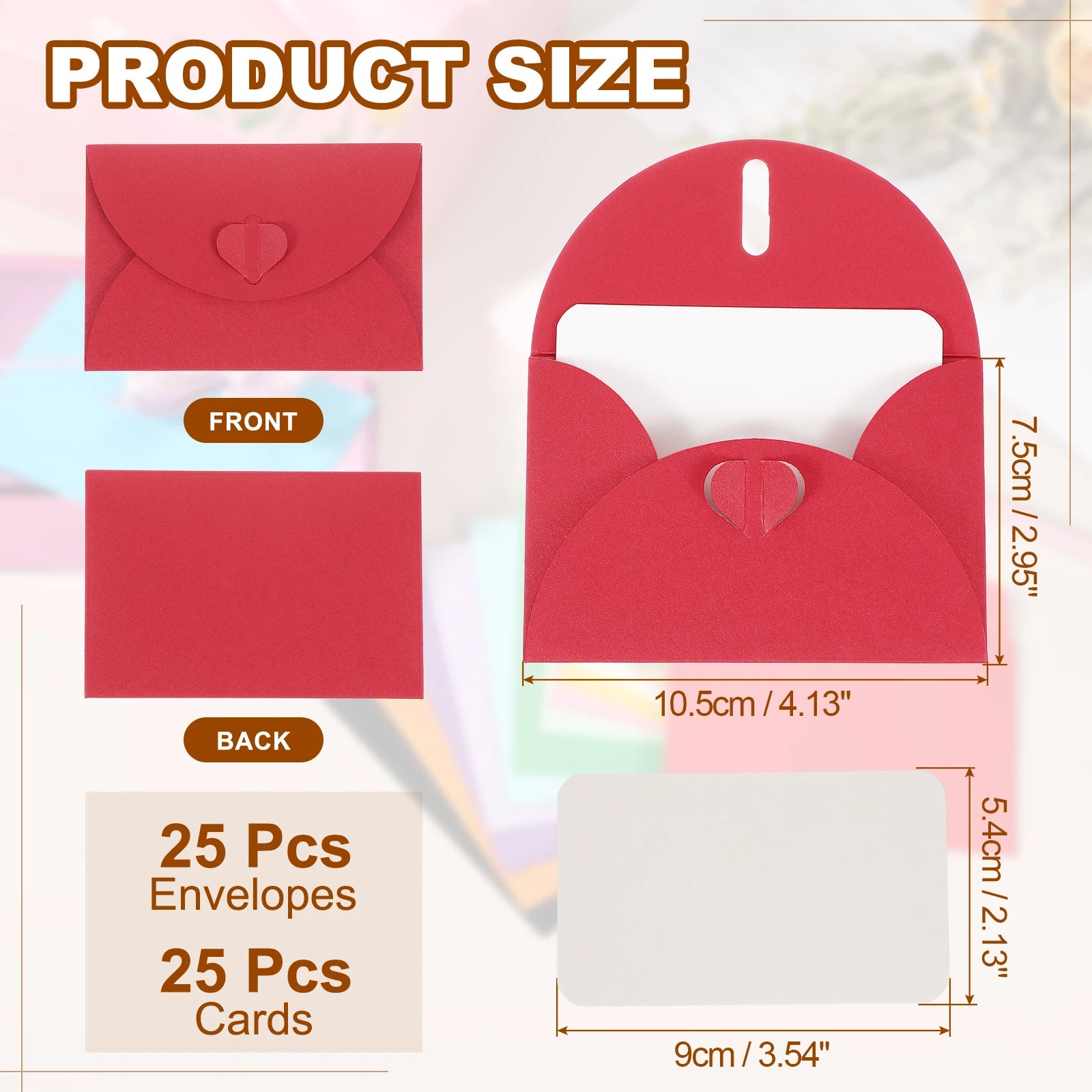 25Sets Mini Envelopes with Heart Clasp 9x5.4cm Blank Note Cards with 10.5x7.5cm Envelopes for Gift Wedding Invitation Graduation
