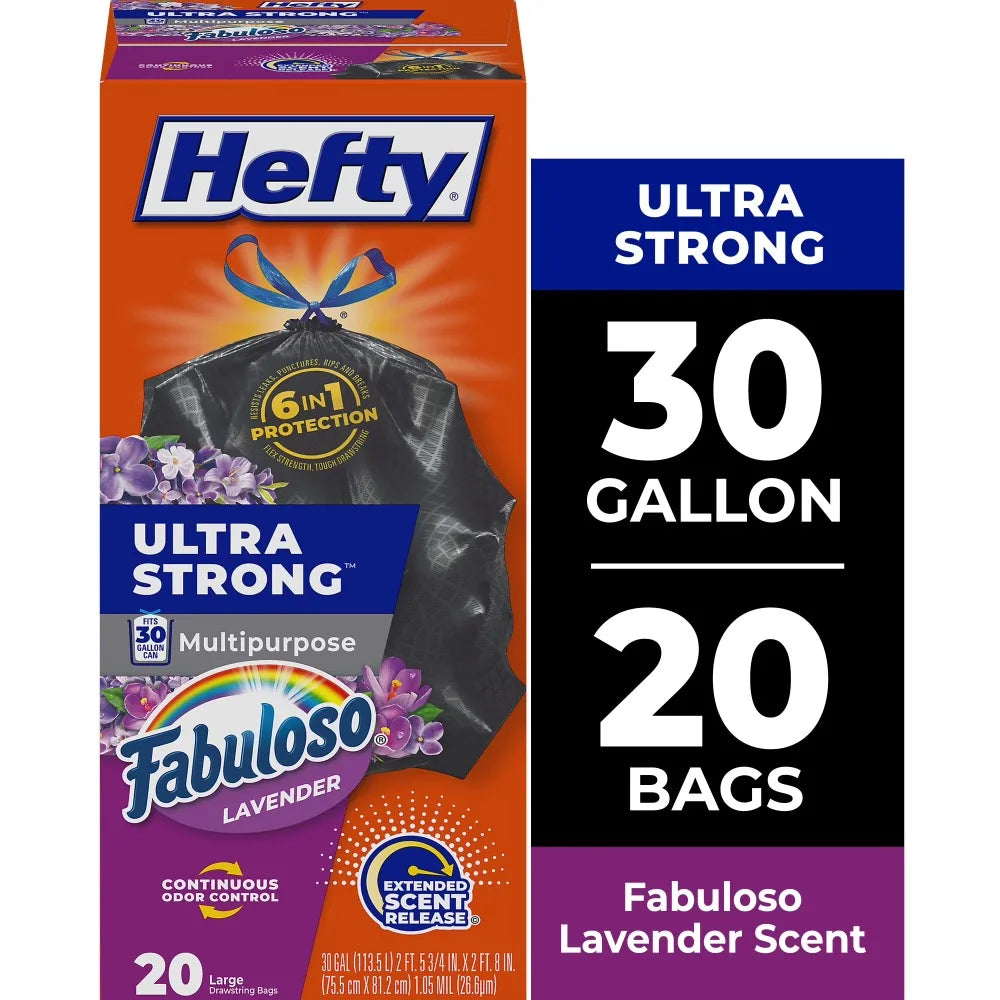 Ultra Strong 30 Gallon Trash Bags, Black Large Trash Bags, Fabuloso Scent, 20 Bags, Heavy Duty Kitchen Garbage Bags, Leak Proof, Strong Handle
