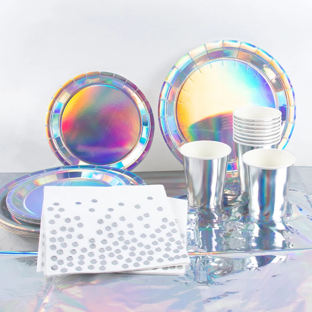 Silver Laser Paper Disposable Tableware Set Dinner Paper Plate Cup Napkin Tablecloth for Birthday Party Retirement Wedding Party