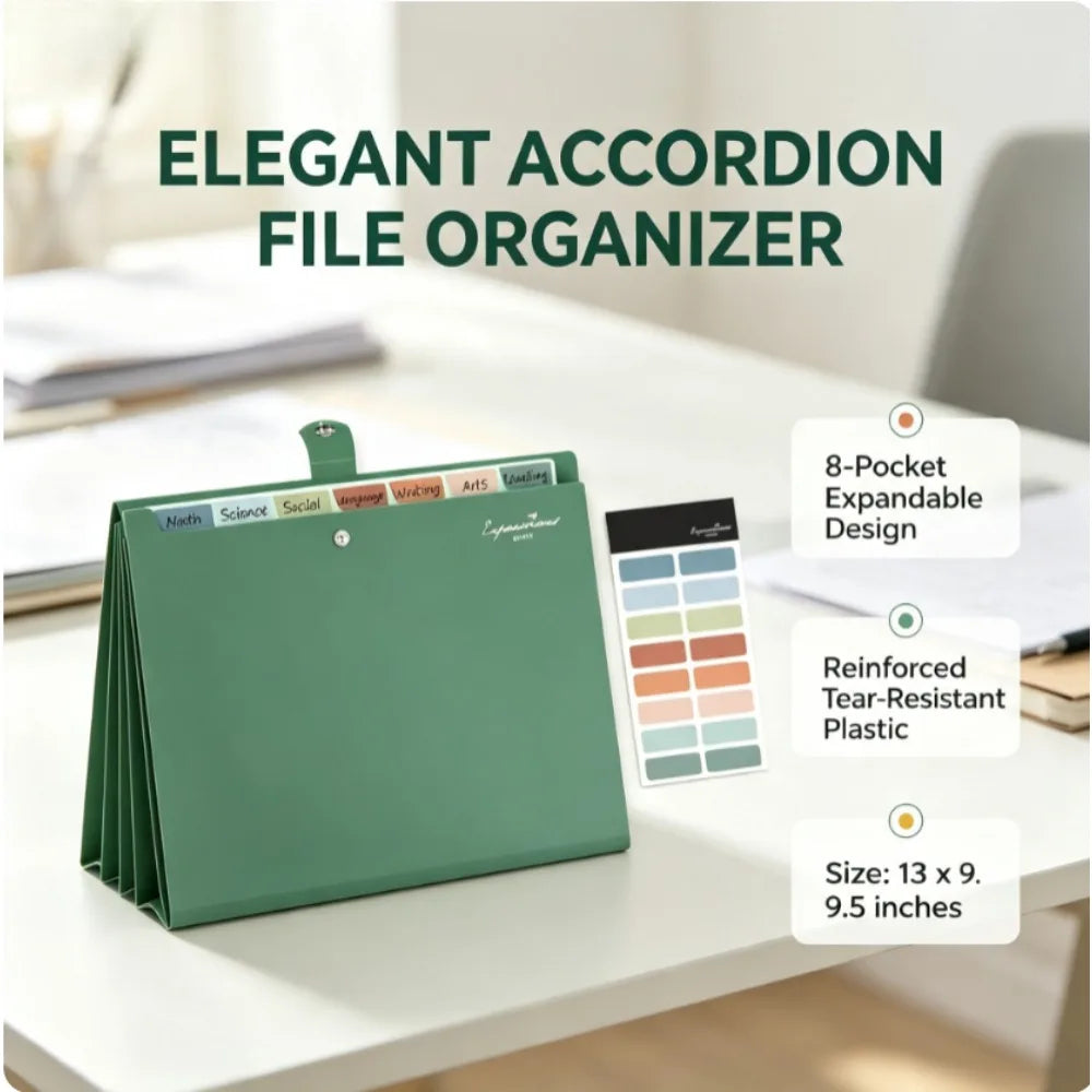 8 Pocket Expanding Accordion File Organizer | Letter Size Dark Green Folder | Portable Document Storage With Classification Labels