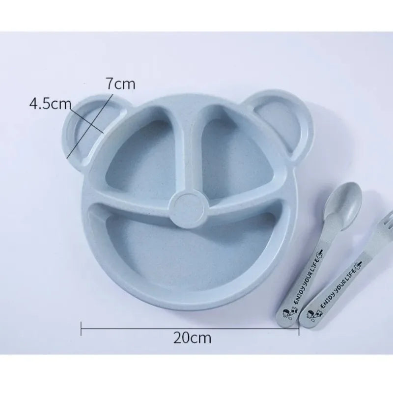 3Pcs/set Wheat Straw Baby Dishes Cartoon Tableware Set Kids Dinner Platos Baby Feeding Plate Training Bowl Spoon Fork Tableware