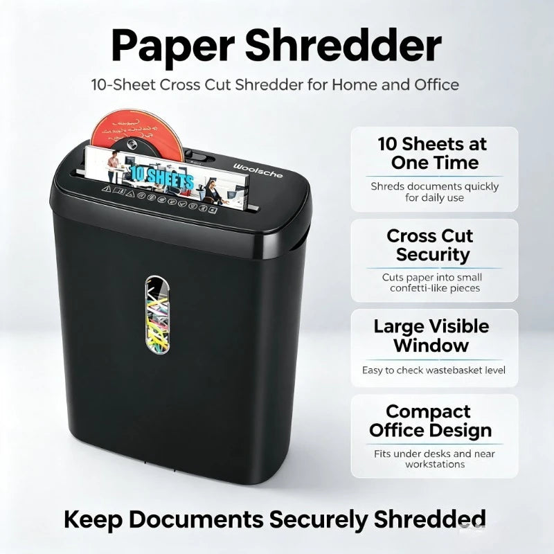 Home Office Paper Shredder-10-Sheet Strip Cut with 3.17-Gallon Basket - P-2 Security Level - CD & Credit Card Shredder - Durable & Fast - Jam Proof System - ETL Certified