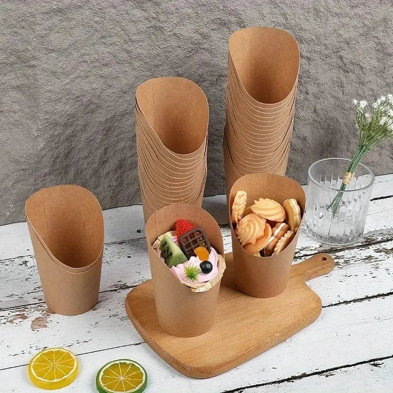 25/50PCS Disposable Slanted Mouth Paper Cups Suitable  Waffle Biscuit Handheld French Fry Cups Disposable Thick Kraft Paper Cups