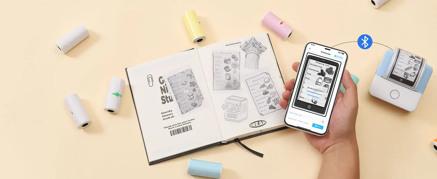 Thermal Mini Printer, Portable Inkless Sticker Maker,Bluetooth Free Cut Small Pocket Printer for Children DIY 57mm Photo Print