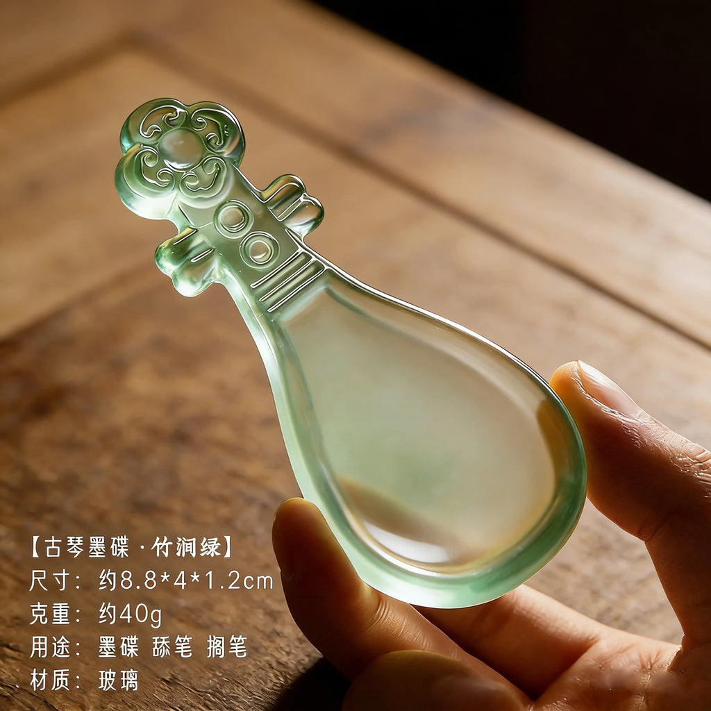 Lute and Guqin Shaped Ink Dish with Lid Chinese Calligraphy Ink Stone Traditional Stationery for Students