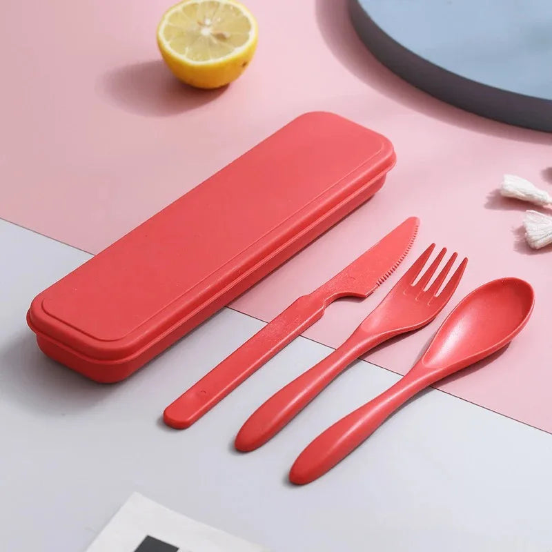 Portable Wheat Straw Dinnerware Set Reusable Knife Fork Spoon Travel Utensil Box 3In1 Tableware Kit For Tableware School Office