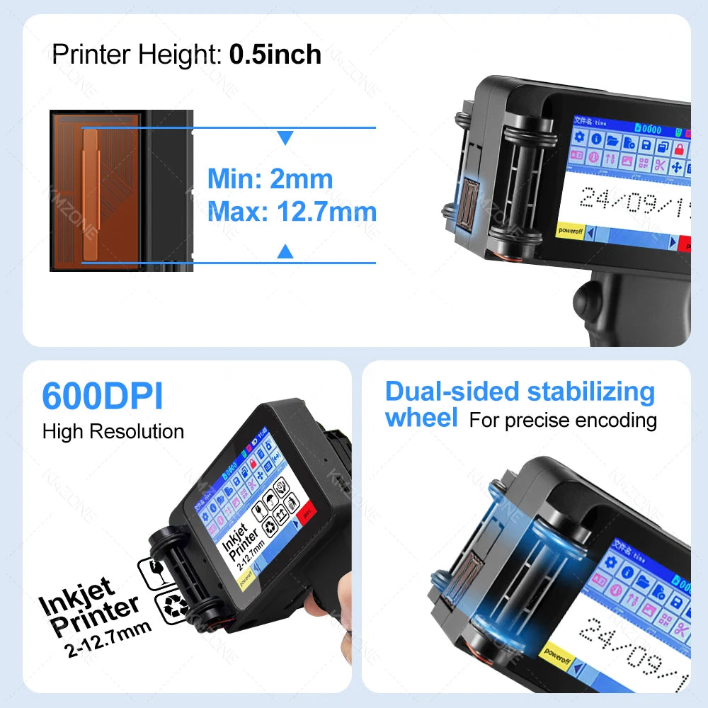 Mini Handheld Inkjet Printer 2-12.7mm for Text QR Barcode Batch Number Logo Date Label Printer with 0/1/2 Ink Cartridges