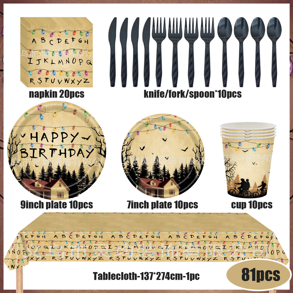 Stranger Theme Birthday Party Tableware Decoration American TV Paper Plate Napkin Banner Lights Alphabet Backdrops Kids Supplies