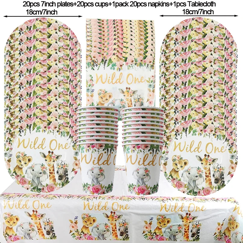 Pink Gold Animal Wild One Birthday Party Tableware Set Forest Decoration One Birthday Jungle Safari Party Supplies