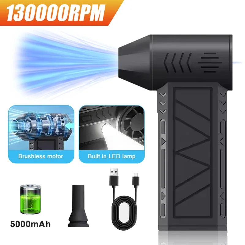 130000RPM Dust Blower Violent Fan With LED Light Powerful Handheld Rechargeable  Blower Electric Air Duster 3 Speed 52 m/s