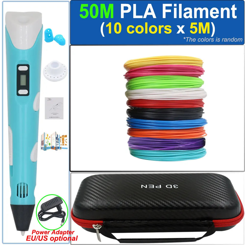 Children's 3D Pen 3D Drawing Printing Pen with LCD Screen Power Adapter 200M PLA Filament Toy Kids Christmas Birthday DIY Gift