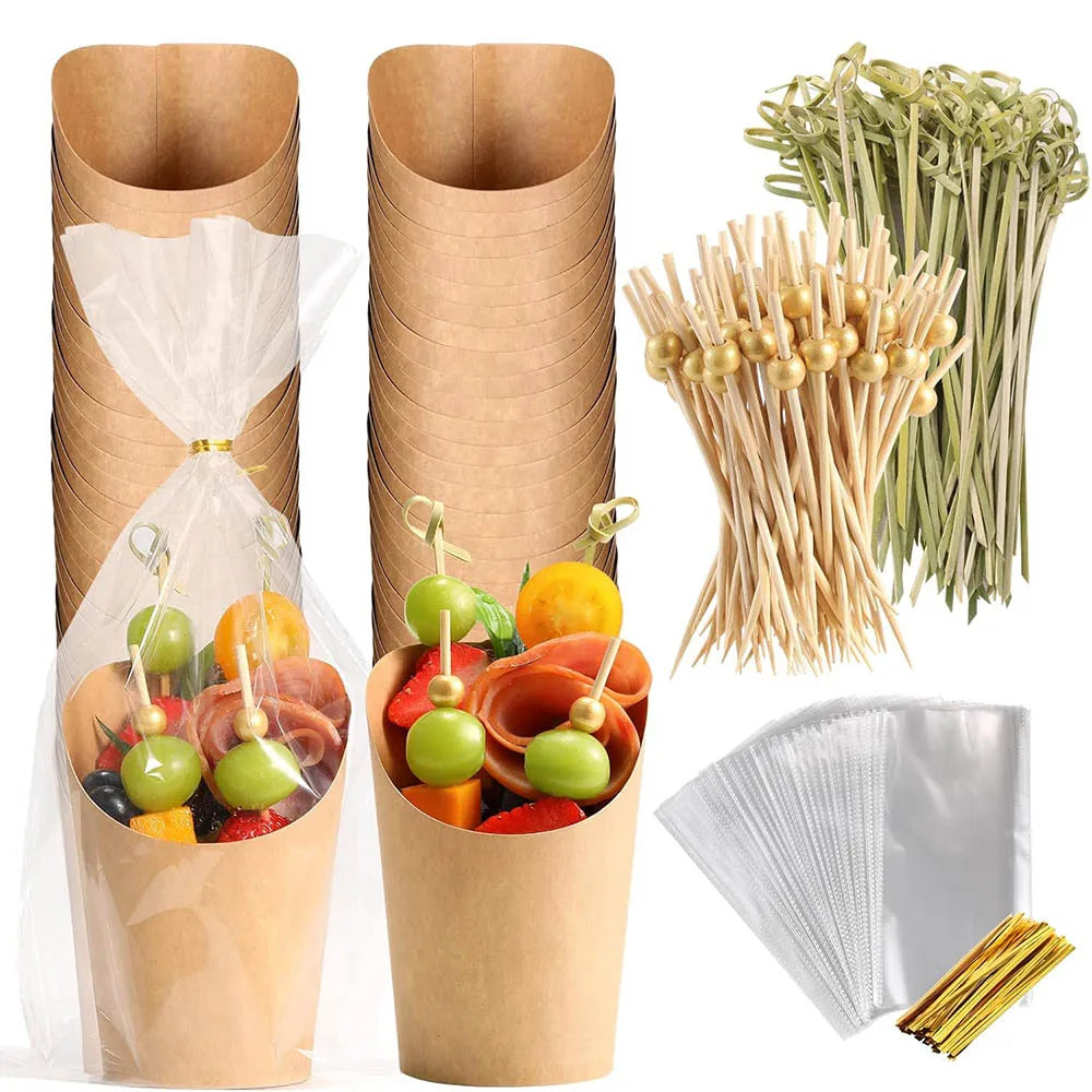 Disposable Charcuterie Cups,14oz Kraft Paper Snack Boxes Appetizers Cup French Fry Holder Cocktail Skewer Toothpicks Tooth Picks