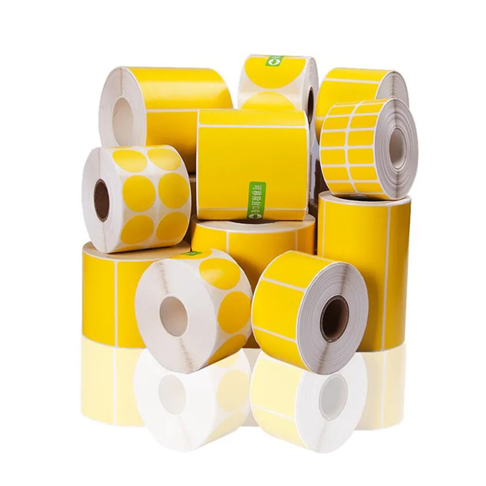 Yellow Color Adhesive Sticker, Round Thermal Barcode Sticker by Roll, Direct Thermal Print Shipping Label
