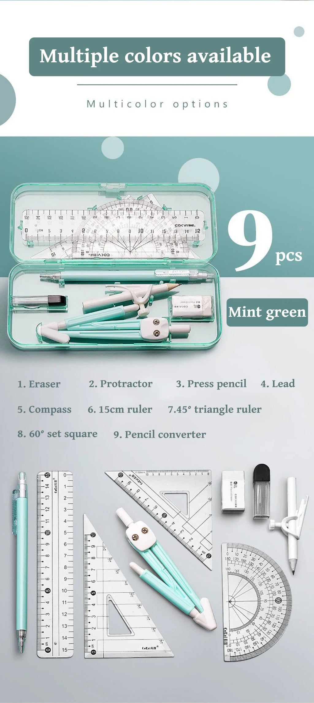 Kawaii 9pcs Ruler Set for Exams Geometry Compass Straight Edge & Protractor Portable Math Drawing Tools Stationery Supplies