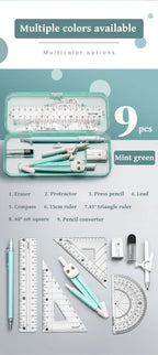 Kawaii 9pcs Ruler Set for Exams Geometry Compass Straight Edge & Protractor Portable Math Drawing Tools Stationery Supplies
