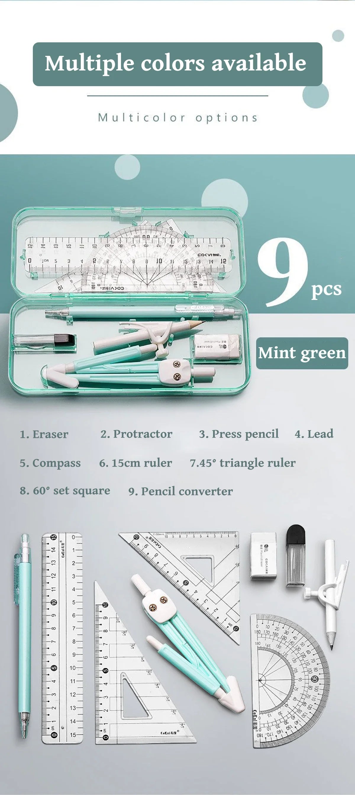 Kawaii 9pcs Ruler Set for Exams Geometry Compass Straight Edge & Protractor Portable Math Drawing Tools Stationery Supplies