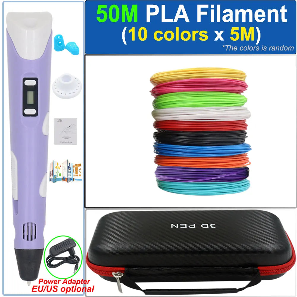 Children's 3D Pen 3D Drawing Printing Pen with LCD Screen Power Adapter 200M PLA Filament Toy Kids Christmas Birthday DIY Gift