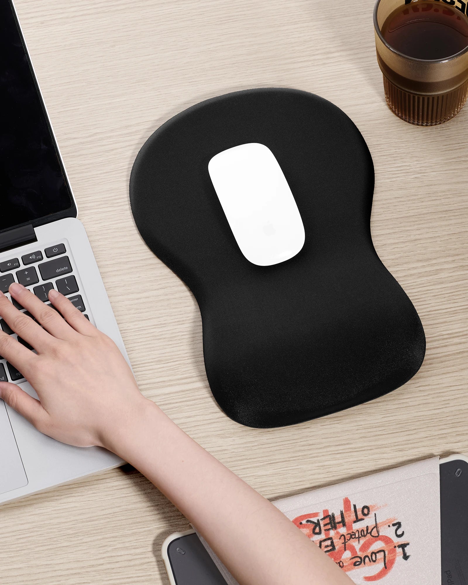 Ergonomic Mouse Pad with Wrist Rest, Black Mousepad with Wrist Support, Non-Slip Hard Base Mouse Pads, Portable for Office/Home