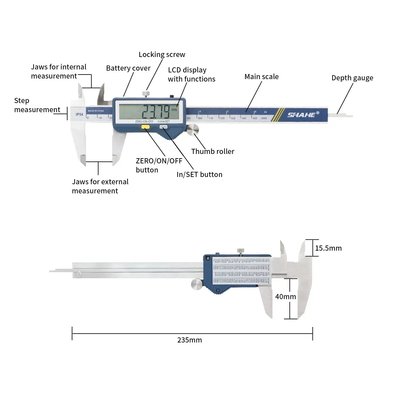 SHAHE Large Screen Digital Caliper 150/200/300mm Stainless Steel Calipers Measuring Tool Electronic Micrometer Caliper