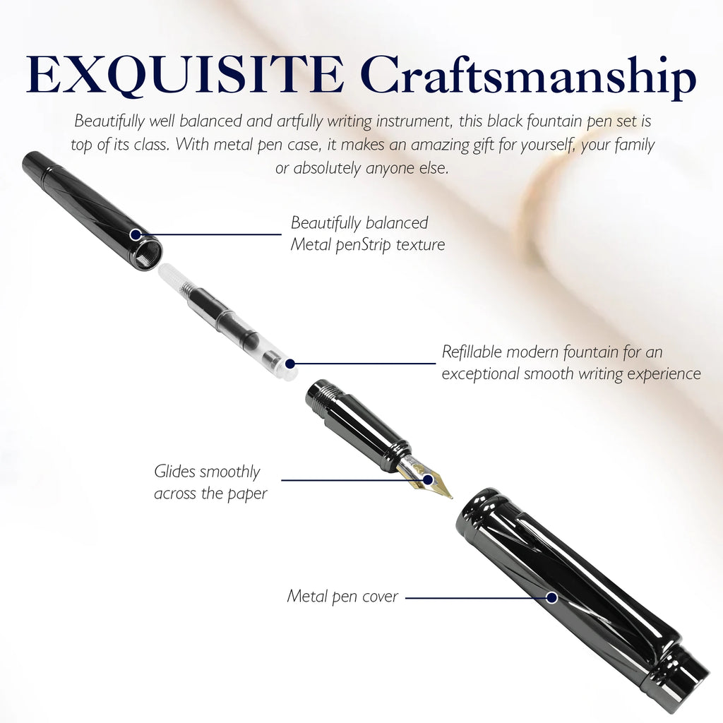 STONEGO 0.38mm Extra Fine Nib Fountain Pen, Black Metal Calligraphy Writing Gift Pen