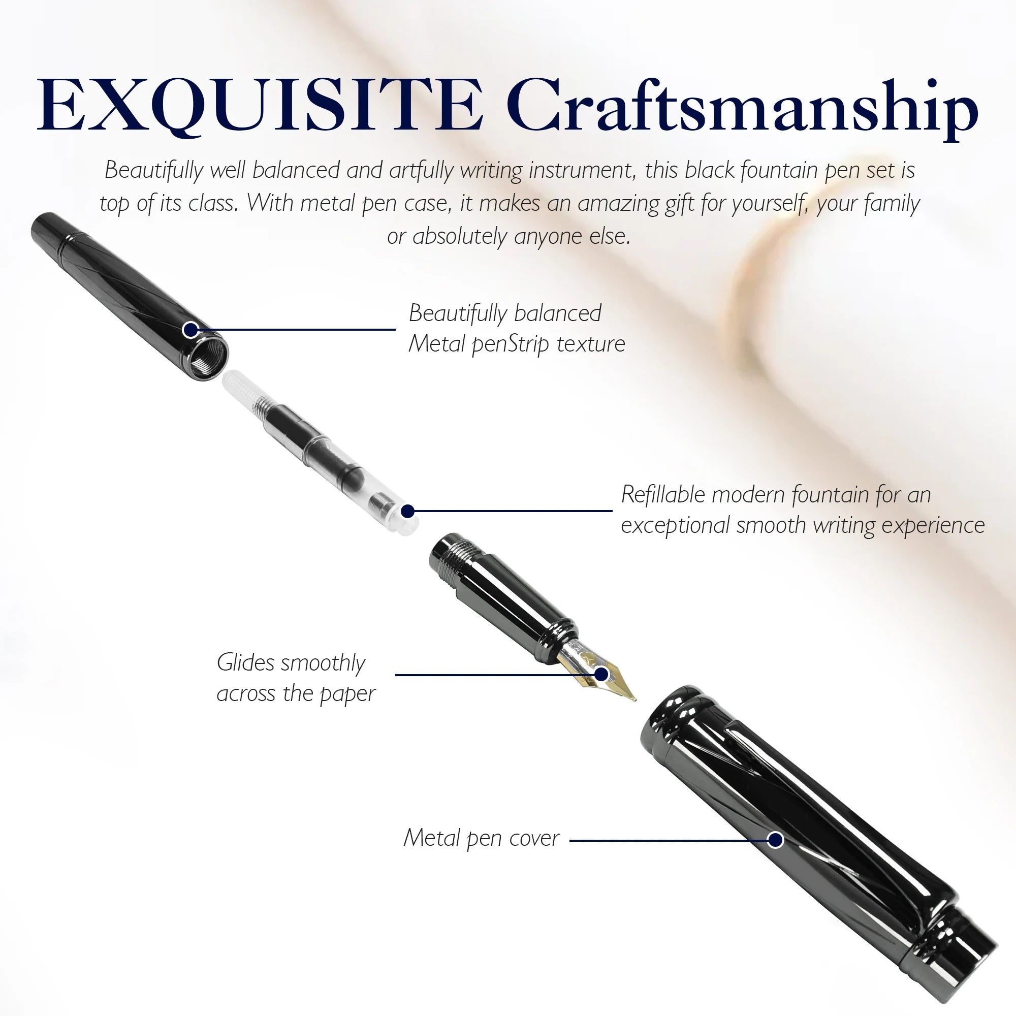 STONEGO 0.38mm Extra Fine Nib Fountain Pen, Black Metal Calligraphy Writing Gift Pen