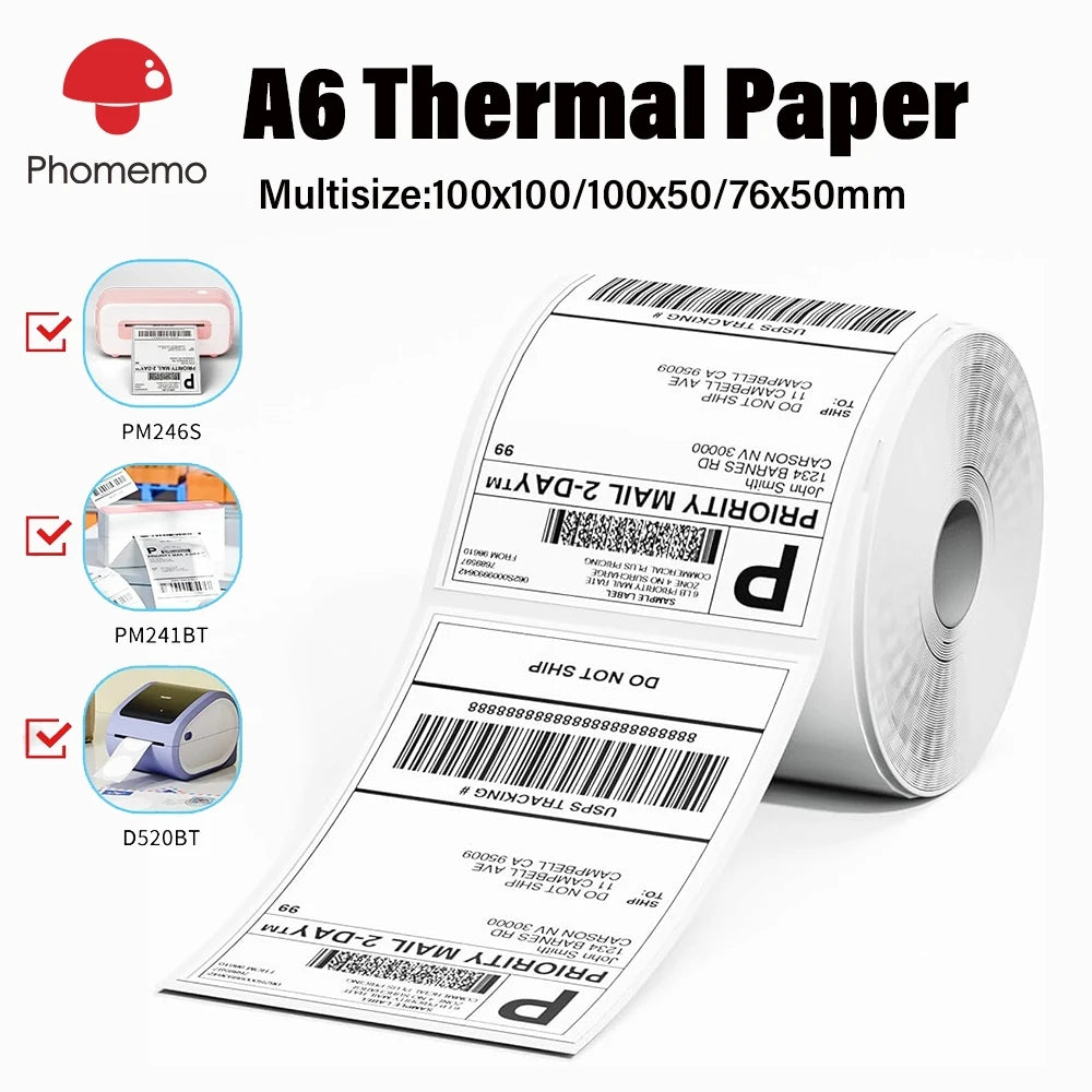 100x150mm Thermal Label Sticker Roll A6 Size Shipping Label Sticker Roll Adhesive Paper for Phomemo PM-241BT/D520/246S Printer