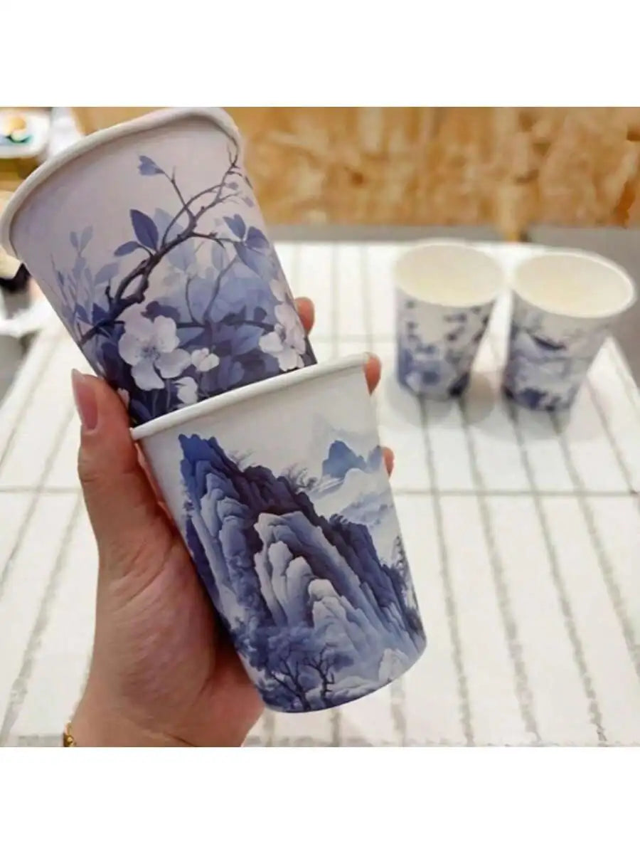 Blue and white porcelain style paper cups with different patterns, thickened office and household commercial beverage cups