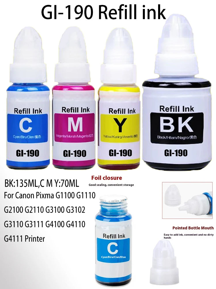 GI-190 Refill Ink For Canon gi 190 For Canon PIXMA G1100 G1110 G2100 G2110 G3100 G3102 G3110 G3111 G4100 G4110 G4111 Printer