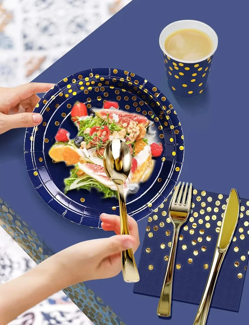 Blue Black Gold Party Decorations Blue and Gold Disposable Tableware Set Paper Plates Cups for Birthday Wedding Party Supplies