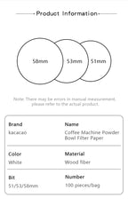 KACACAO Disposable Coffee Filter Paper for 51/53/58mm Espresso Maker 100 Pieces Espresso Paper Filter Home Kitchen Accessorie