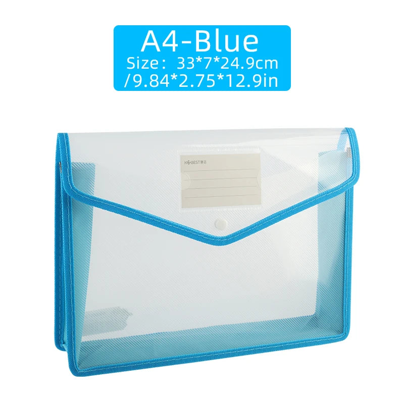 1Pcs Transparent A4 Waterproof File Folder with Press Button Plastic Document Bag for Data Storage Office Supplies