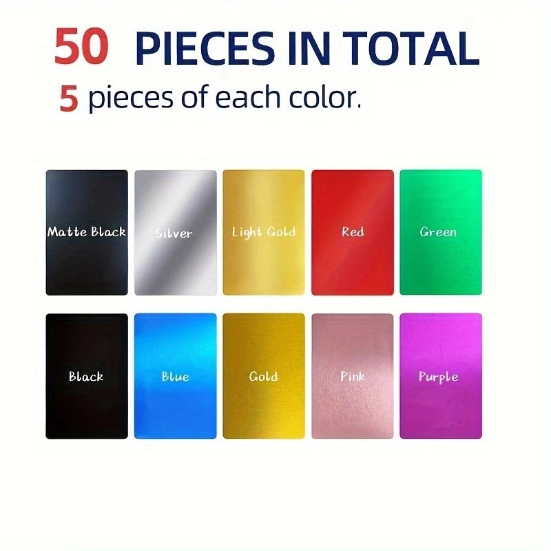 50Pcs/Set Portable Metal Business Card Colored Finish Aluminum Blank Laser Engraving Cards Special Logo Printing Office Supplies