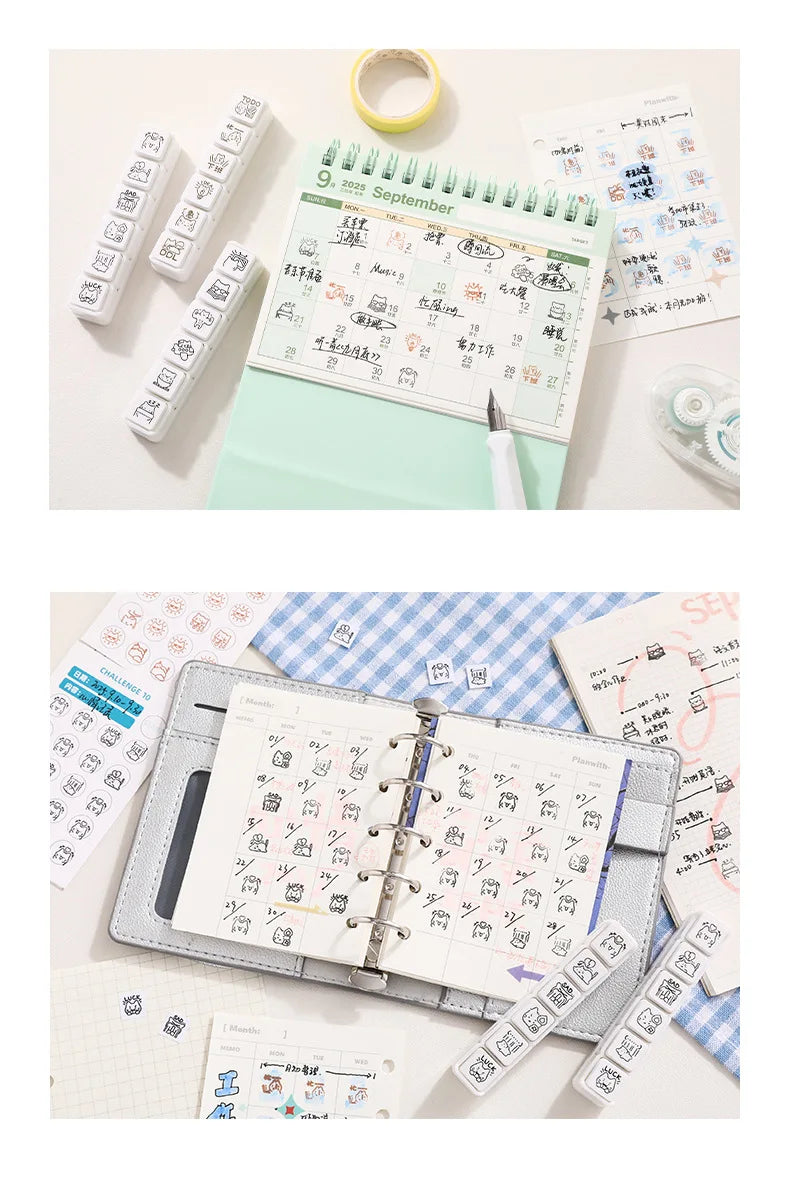 Cute Cat Emoji Stamp Daily Life Work Good Mood Series Cartoon Mini Pattern Stamps for Journaling Planner Diy Scrapbooking Decor