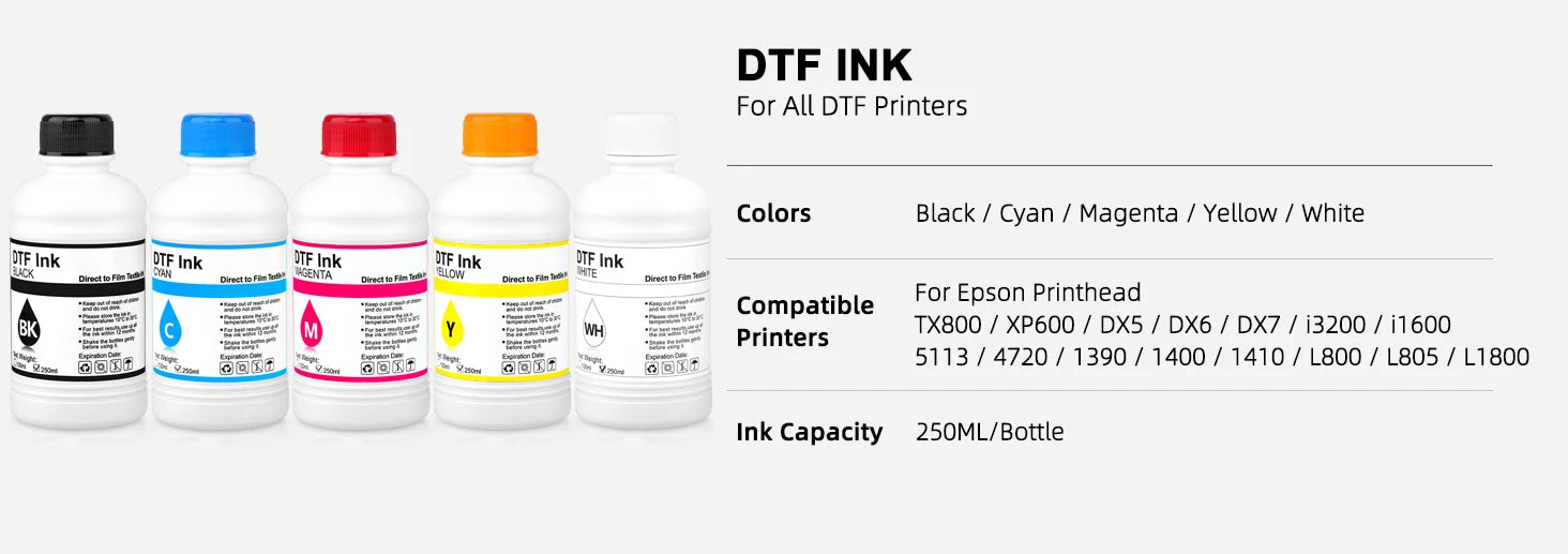 250ML DTF Ink Kit For T-shirt Transfer Printing For Epson L800 L1800 XP-15000 XP600 TX800 P600 P608 P800 DX5 DX7 i3200 4720