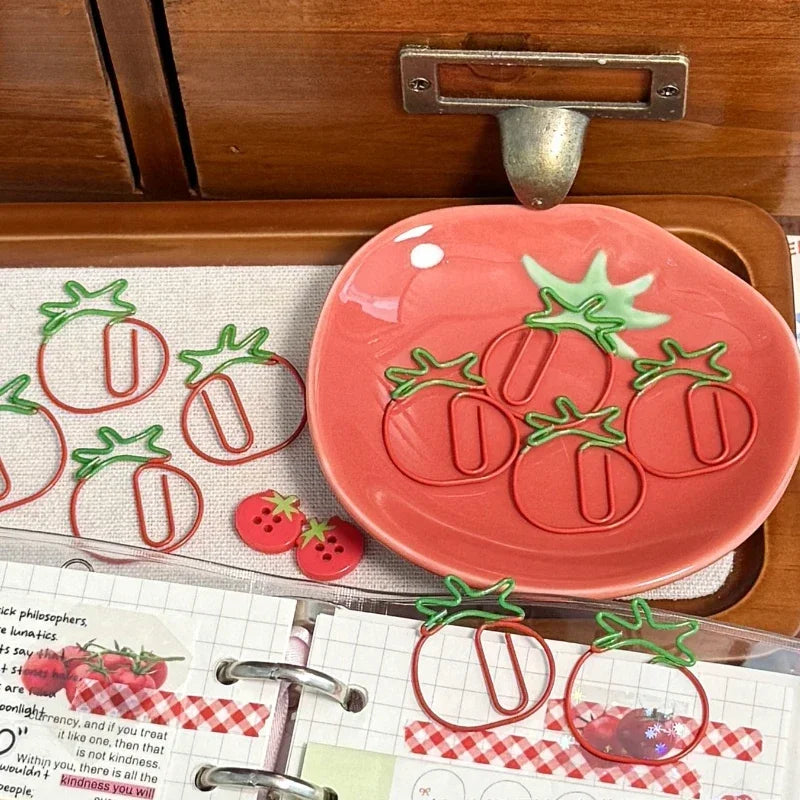 5pcs/set Vintage Tomato Paper Clips  Aesthetic Brass Scrapbook Book Tab Red Color Japanese Cartoon Non-sticky Clips Gift Set