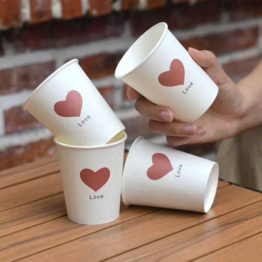50 Simple Love Pattern Paper Cups, Thickened Office Home Commercial Beverage, Anti-Slip Leak-Proof 250ML Disposable Paper Cups