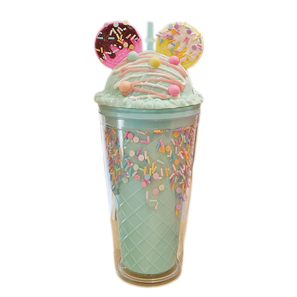 450ml Fashion Cartoon Ice Cream Straw Cup Adorable Plastic Bear Drinking Cup With Lid Milk Tea Cup For Women Girls Outdoor Home