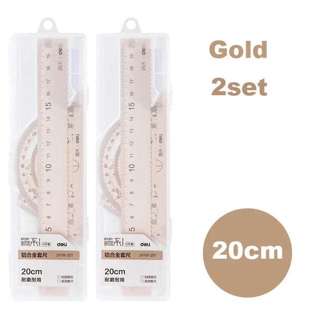Deli 4Pcs Student Stationery Set Triangle Ruler Straight Ruler Grid Ruler Angle Measuring Tool Aluminum Alloy Material