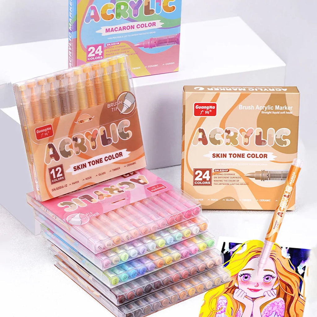 GuangNa 12-72 Colors Soft Brush Acrylic Marker Pen Set,Skin Tone, Macaron color,DIY Hand Drawn,Paint Art Markers pens,GN.8201F/M