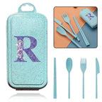 4Pcs Wheat Straw Cutlery Knife Spoon Fork Chopsticks Portable Set Plastic Detachable Dinnerware Purple Flower Letter Pattern