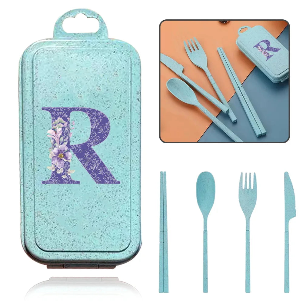 4Pcs Wheat Straw Cutlery Knife Spoon Fork Chopsticks Portable Set Plastic Detachable Dinnerware Purple Flower Letter Pattern