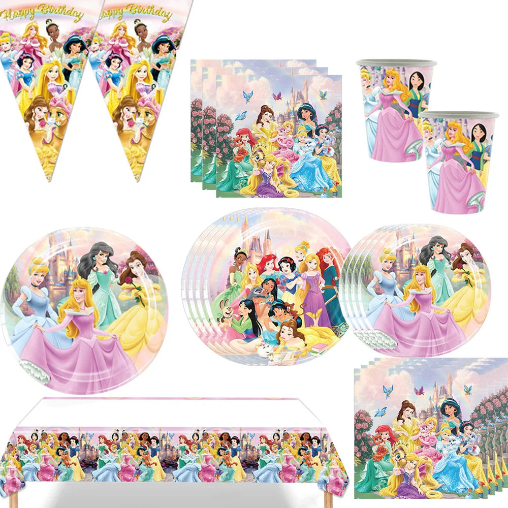Princess Party Supplies Birthday Disposable Tableware Set  Tablecloth Paper  Plate Napkin for Kid Girl Birthday Supplies