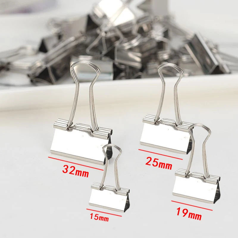 10PCS/Set Metal Paper Clip 15 19 25 32mm Foldback Metal Binder Clips Silver Grip Clamps Paper Document Office School Stationery
